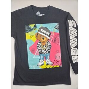 Vibes Men's Graphic Long Sleeve TShirt Savage‎ Bear Streetwear Cotton Black Sz L